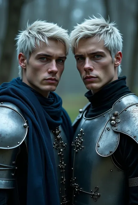 Twin princes, adult men, with short beard, disheveled silver hair that falls a little over their foreheads, Blue eyes, one dressed as a soldier in silver armor, and the other twin wears blue linen and black leather clothes, gothic aesthetics 