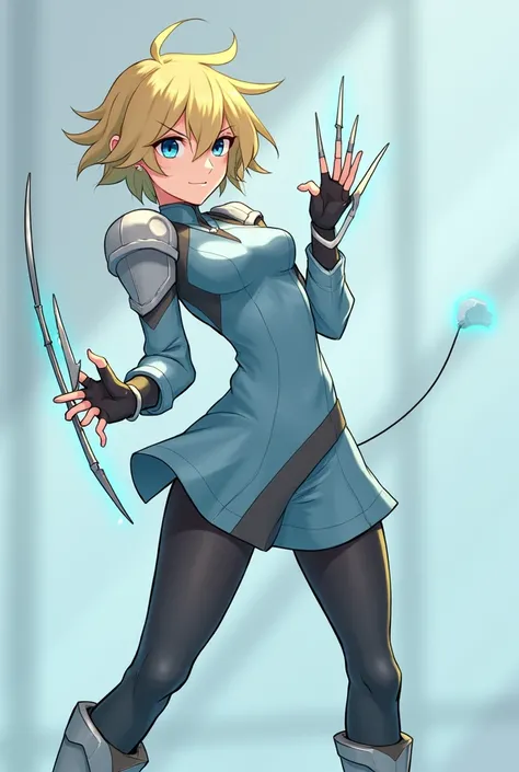 a character from a game called Valorant, identified as Jett. He has short, blond hair in a messy style., wears a light blue shirt with gray details and light armor on the shoulders. The character appears to be in a dynamic pose, looking to the side, while ...