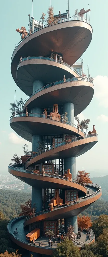 A huge spiral building,The appearance is like a three-dimensional five-line score。Each floor of the building represents a different musical note,Composed of various musical instruments， Bold composition, Competition winning photos, Contrasting colors，Ultra...