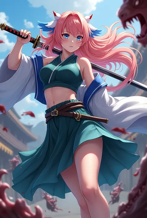 Beautiful girl with good body (Willing)with long, wavy, loose hair with white tips and the rest salmon pink that she does with a katana in her hand. With a demon hunter uniform, the top part like Mitsuri Kanroji and below a kind of long skirt that leaves p...