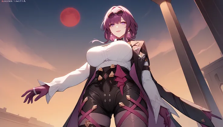 One Girl,Kafka, Purple eyes, Purple Hair, bangs, Side Lock, Please put your glasses on your head, earring, White shirt, Collared shirt, Long sleeve black jacket, Jacket on shoulders, Harness, Large Breasts, Purple gloves, Black shorts, High Waist Shorts, P...