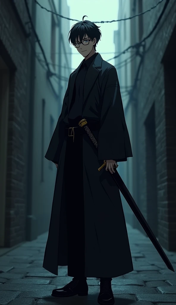 Picture of a young man in his 20s with a French Crop. Wearing square frame glasses, Square face shape, height 175 cm, ideal weight, Standing alone with sword in hand. Jet black robe, sharp gaze, but with a faint smile on his face. Dominant Aura flows aroun...