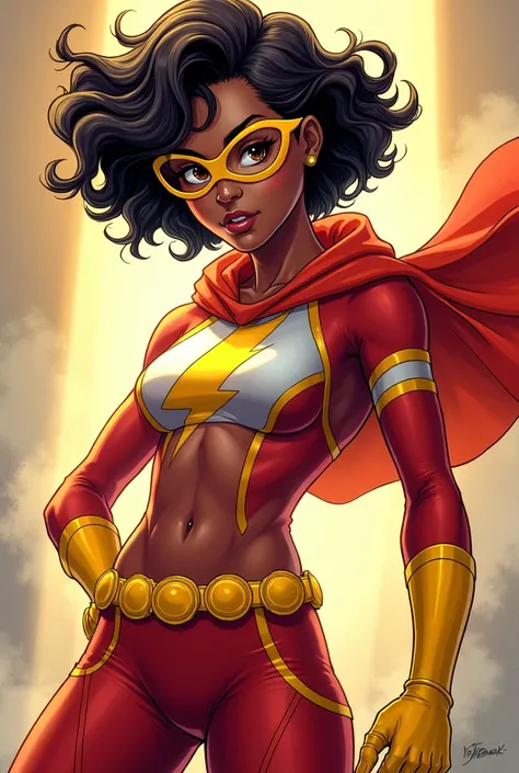  Marvel panel: a girl from, by black, short wavy binnie cut, DARK SKIN, big brown eyes, with a red and white suit and a yellow belt with rings and yellow glasses with a mask. 