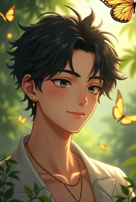 Young adult man. Holding a net to chase butterflies. Almond eyes. Smiling. full lips. Raven hair. bangs fall on his forehead. Genshin impact hairstyle. perfectly shaped eyebrow. thin eyebrows. smooth skin. Tanned golden skin. Darker skin tone. Very dark bl...