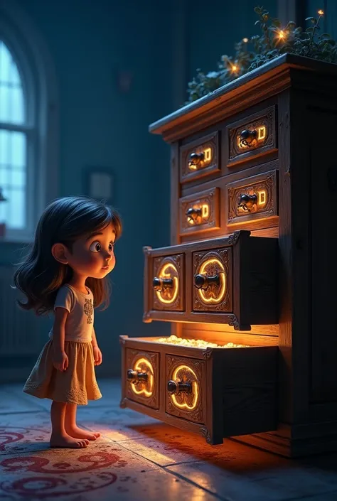 Pixar style, , The girl discovers a chest of drawers with many drawers. mysterious, magic illuminated chest of drawers in dark room, many small drawers