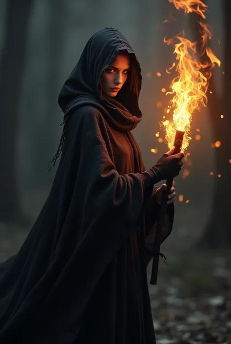 A short female mage with her face hidden in black clothing and a wand on fire.