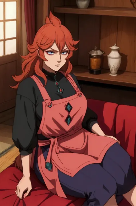 Scoring_9, Scoring_8_above, Scoring_7_above, source_anime, 1 , Alone, big breasts, Good red , redhead blue eyes dark pupils, black clover , Madura , Mulher Madura feminino, short kitchen apron , nsfw, assessment: Em geral, inside the house,   sitting no so...