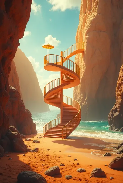 Scorching hot beach、Modern spiral staircase leading to the sky、Realistic、Fantastic lighting、Beautiful views