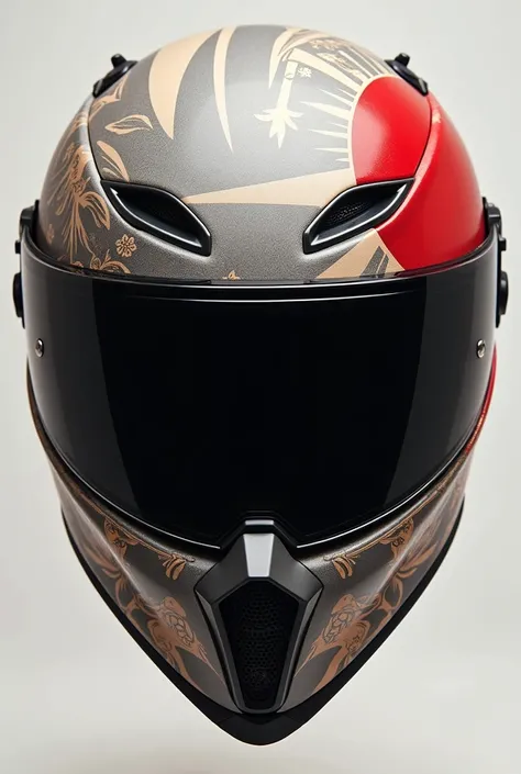 A samurai motorcycle helmet in gray and red , sticker design, with graphics in drawings that refer to the samurai inspired by Japanese culture.