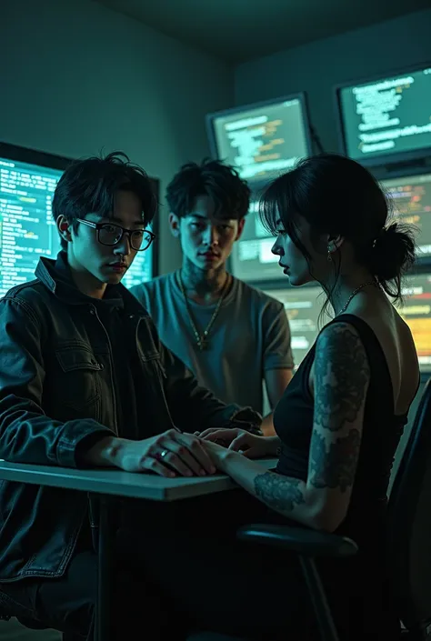 Create an image of three hackers, The first one has long hair, wears glasses, has a scar under his eye and his eyes are green., the third is a Korean who looks like Namjoon and Yoongi and has a tattooed body, the third is an Italian fan of romanticism