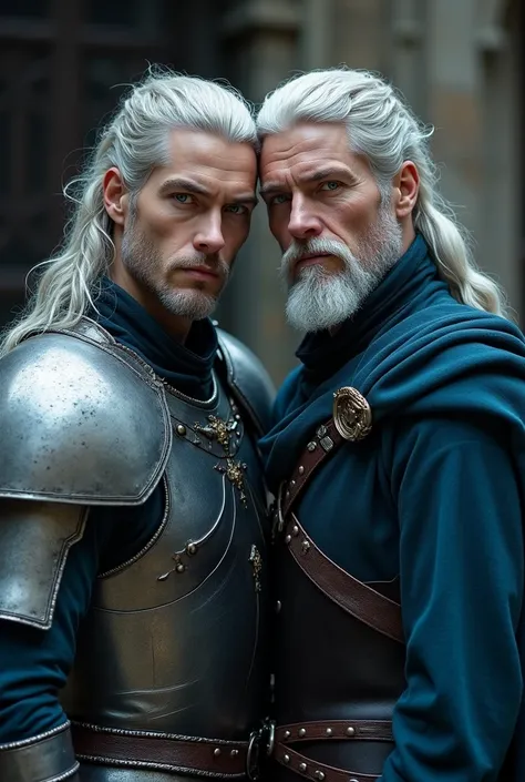 Twin princes, adult men, with short beard, long disheveled silver hair that falls a little over their foreheads, Blue eyes, a twin in soldier&#39;s attire in silver armor, and the other twin wears blue linen and black leather clothes, A small man braid of ...