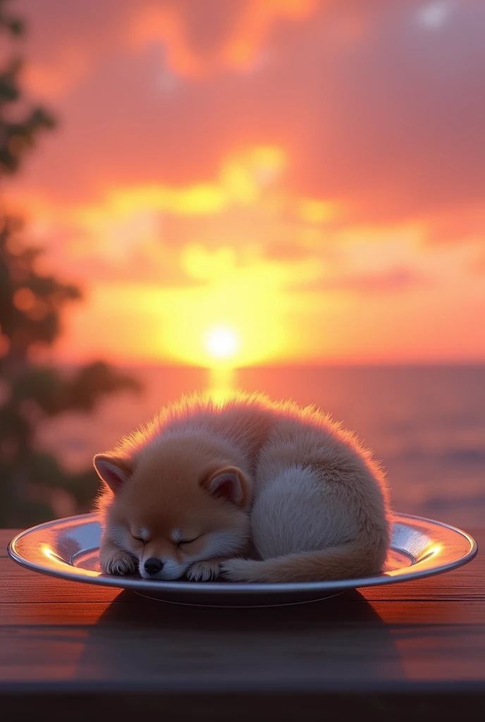 Dog sleeping on a silver platter at sunset