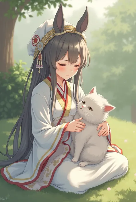 Mydoria petting a cat in ireisr head attire



