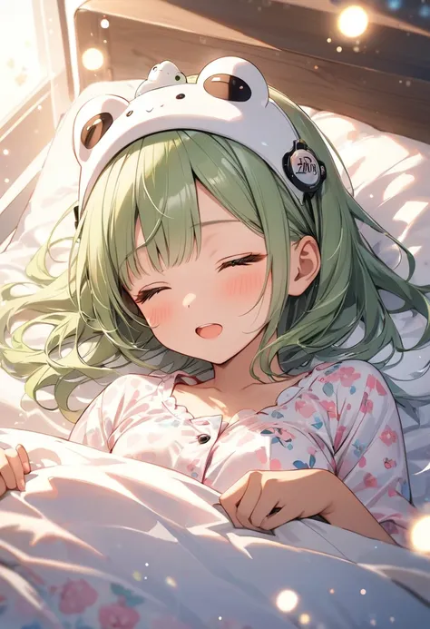 (masterpiece, best quality),A cheerful girl,She is sleeping in her bed.pajamas, Closed eyes, open mouth,speech bubble,surrounded by beautiful particles of light. BREAK 
(tween,cute,white frog-shaped headgear,tanned dark skin,lightgreen hair,side bangs,smal...