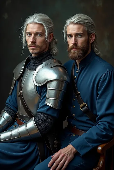 Twin princes, adult men, with short beard, long disheveled silver hair that falls a little over their foreheads, Blue eyes, a twin in soldier&#39;s attire in silver armor, and the other twin wears blue linen and black leather clothes, A small man braid of ...