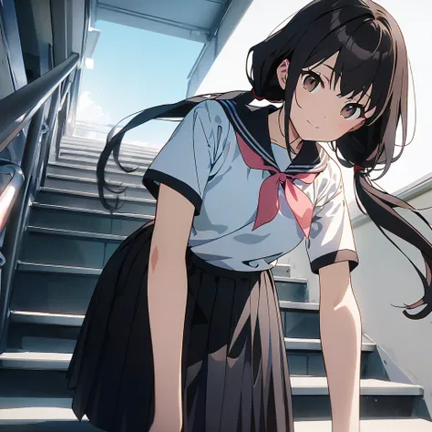 High resolution, 8k, best quality, masterpiece, ultra detailed, anatomically correct, anime,
1 girl, standing on stairs,
She has very long low twintails with red ribbon, very long low pigtails, black hair, dark brown eye,
light smile,
BREAK
(white serafuku...