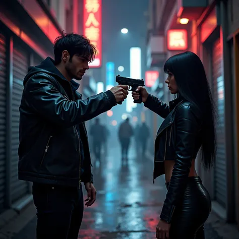 realistic crime scene of a murder in question. with him a young handsome muscular man, black hair and very manly with black leather clothes, black jacket, points a gun next to a woman with long black hair, small waist, black leather clothing allusion chacu...