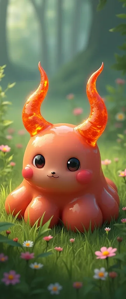 best quality, very good, 16K, Ridiculous, Extremely detailed, Cute round slime demon，Has horns made of translucent boiling lava, Background grassland（（A masterpiece full of fantasy elements）））， （（best quality））， （（Intricate details））（8k）