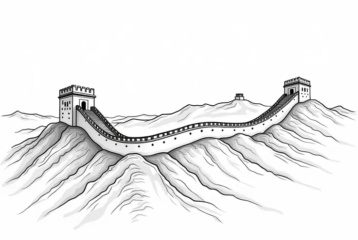 Great Wall of China，Black and white line drawing，Vector，Magnificent