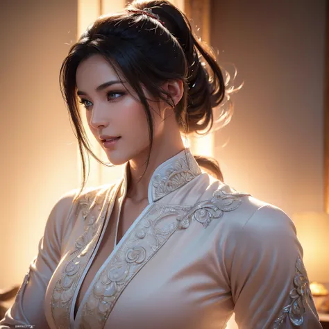 An elegant martial artist woman, busty, with ponytail hairstyles, beautiful detailed eyes, beautiful detailed lips, extremely detailed face and features, beautiful detailed teeth, warm smile, feminine power, intricate details, majestic clothes, warm lighti...