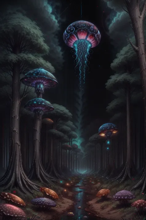 jellyfish swimming in a pine forest with magic mushrooms, starry sky and nebulae, digital art, psychedelic theme, vivid colors, ...