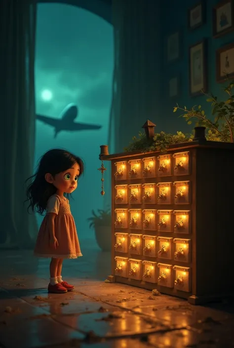 Pixar style, fascinated  green eyes, Girl discovers large chest of drawers with many drawers, mysterious, magic illuminated chest of drawers in dark room, many small drawers, cajones desprenden luz mysterious, large image, distant plane