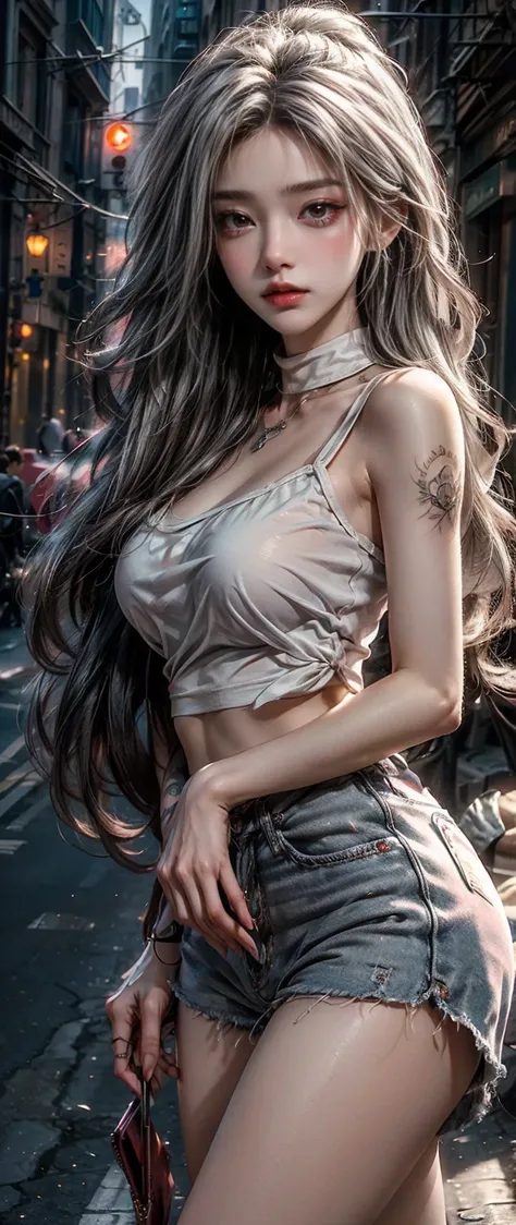 Urban Beautiful Girl College Student，tmasterpiece，Light makeup，Redlip，Silvery hair，Messy long hair，streets background，gracefulness，Elegance。ultra fine detailed，Works of masters，Authentic texture，Cinematic lighting realism，perfect works，8K，k hd，Delicate fac...