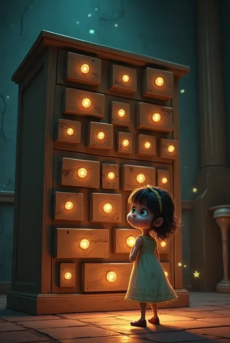 Pixar style, fascinated  green eyes, Girl discovers large chest of drawers with many drawers, mysterious, magic illuminated chest of drawers in dark room, many small drawers, cajones desprenden luz mysterious, large image, distant plane, Story cover 