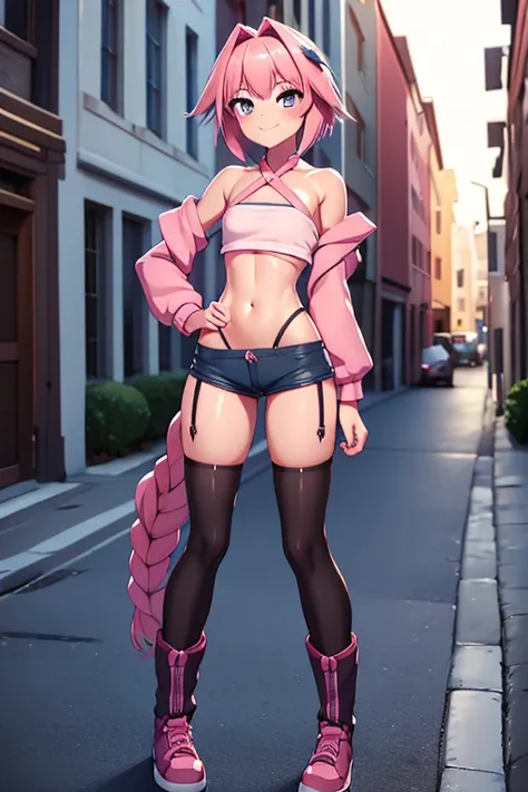 masterpiece、Highest quality、astolfo, Beautiful and slim perfect body, rasgos muy females, cuerpo female sexy muy delgado, flat chest, Pectorals, not breasts, very innocent smile, Girl, bright pink hair, spiky hair, short hair, a long braid, lock of white h...