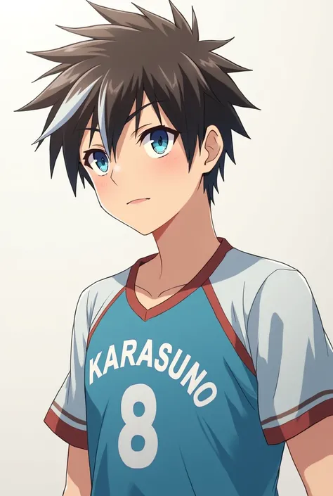 1 boy haikyuu anime style dark brown hair with white tips with blue eyes with a slightly tired look wears the karsuno volleyball uniform number 8