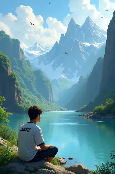 A young man sits by a river in the mountains with tawsif written on the back of his shirt