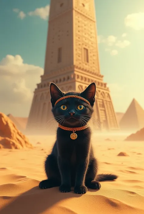 Scorching hot beach、The Tower of Babel stretching to the heavens、Realistic、Fantastic lighting、Beautiful views、geometry、A cute black kitten with a big head and a twisted headband、Cross your front legs、Bipedal