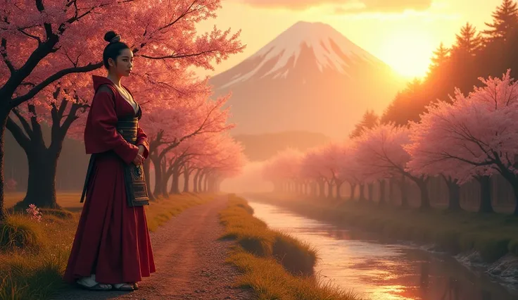 In the shadow of Mount Fuji, the sun rose over a quiet valley, casting golden light across the cherry blossom trees that lined the dirt roads of a small village. A river shimmered beside it, its gentle hum a song of peace. Amidst this serene beauty, a lone...