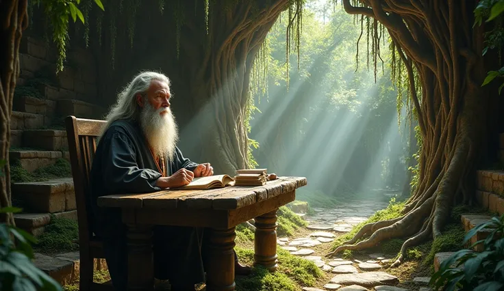 Michel Nostradamus, with his long hair and thick gray beard, is in a temple hidden among tall, ancient trees. The floor of the temple is covered in moss, and thick roots emerge between the stones. He is sitting at his rustic wooden table, surrounded by boo...