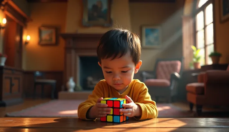 A little kid solving a cube in a heritage hoise at evening 