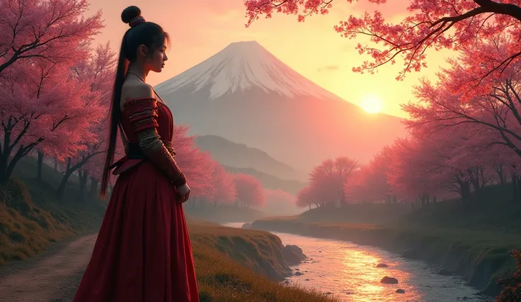 In the shadow of Mount Fuji, the sun rose over a quiet valley, casting golden light across the cherry blossom trees that lined the dirt roads of a small village. A river shimmered beside it, its gentle hum a song of peace. Amidst this serene beauty, a lone...