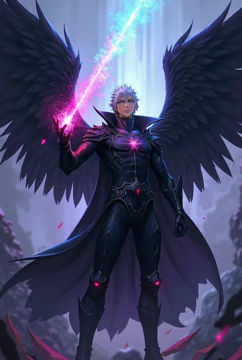 man,anime,holding a prism,lordgrim,wings,black feathers