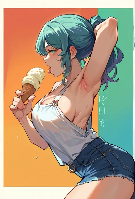 score_9, score_8_up, score_7_up, source_anime, 1girl, solo, big tits, denim shorts, armpits, armpit, Ice cream, licking ice cream, elden ring, Rya, side view ,Front view