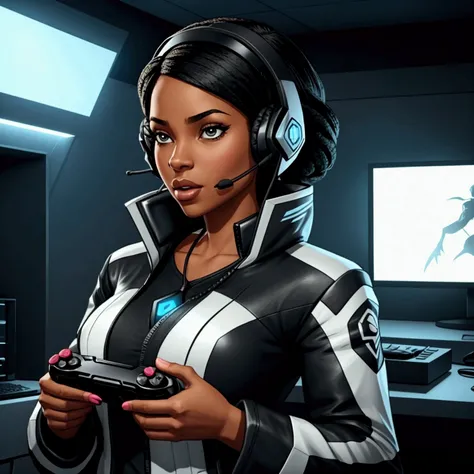 Black woman with video game controller in hand and headset 