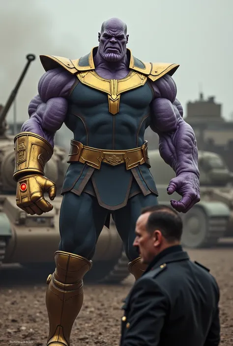 Thanos beats Hitler And Hitler stands facing Thanos, German tanks behind Hitler