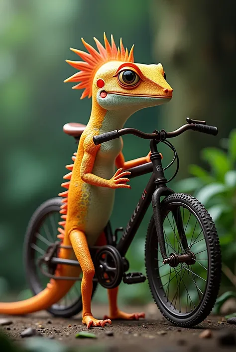 Crested Gecko Standing Next to a Bike