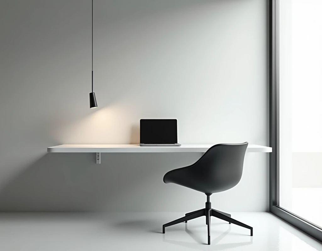 Minimalist home office with a single white desk, no visible legs, seemingly suspended in the air against a matte gray wall. A simple black chair with smooth, curved lines sits in front of it. The desk has only one item: a slim, all-black laptop. The walls ...