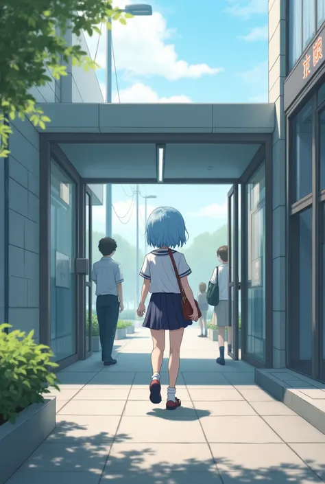 An  lolis leaving school in a short skirt with light blue hair 