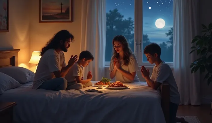 Night scene in a cozy bedroom. A family is gathered for evening prayer. in the center, parents sitting on the edge of the bed, Hands United in Prayer, serene faces. Children kneeling around, eyes closed, hands together. Soft light from Abajur illuminates t...