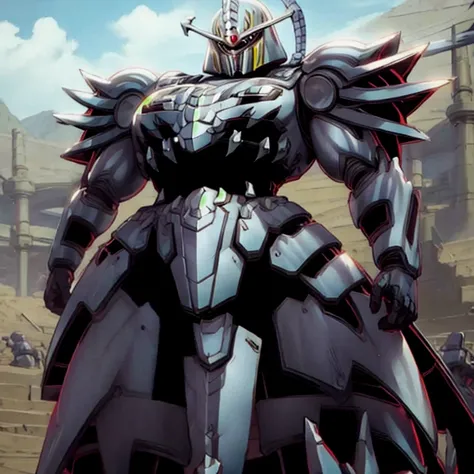 covered in full silver armor.
Hyunckel with sleek silver armor.
shining silver armor.
white cape.
heroic atmosphere.
full plate armor,
no face.