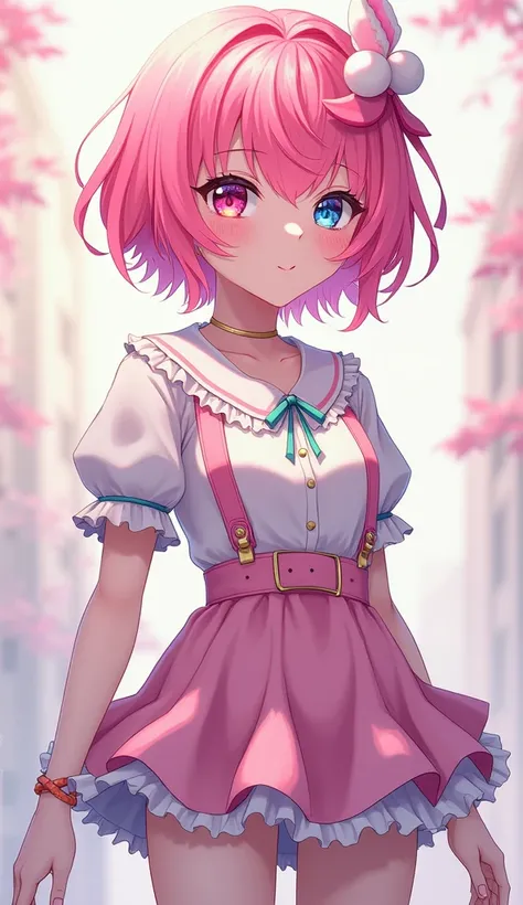 One girl, Pink Hair, chest, Her right eye is sapphire blue and her left eye is pink-yellow.,Short sleeve mini skirt cute frilly fashion character design