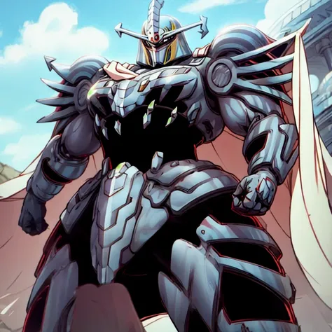 covered in full silver armor.
Hyunckel with sleek silver armor.
shining silver armor.
white cape.
heroic atmosphere.
full plate armor,
no face.