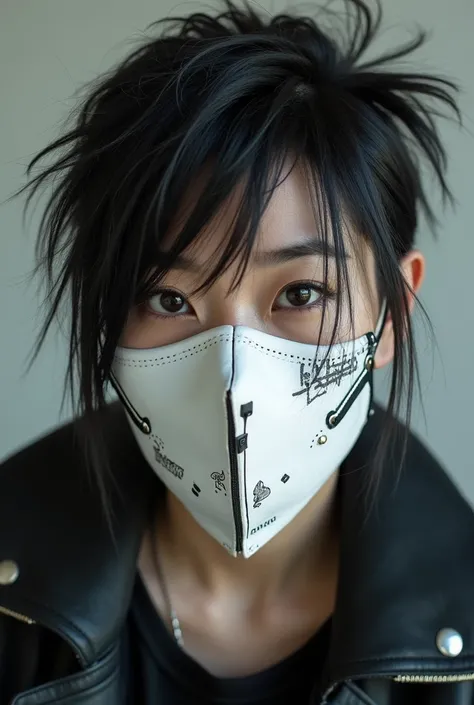 Generates a real front photo of a rocker style teenage Korean girl with a white rocker style woman face mask