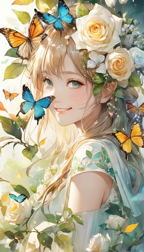 Girls, dryads, wooden hair, butterflies, white roses, petals, smiles, the aesthetic colors created by colorful tiles, cute poses, shots taken from various angles, meaningless illustrations, exquisite color balance and harmony, mysterious watercolor style, ...