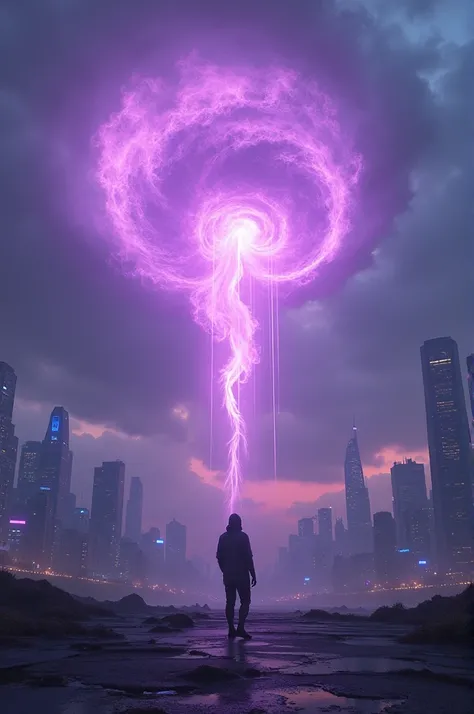 Purple fire, realistic, cyberpunk sky 
